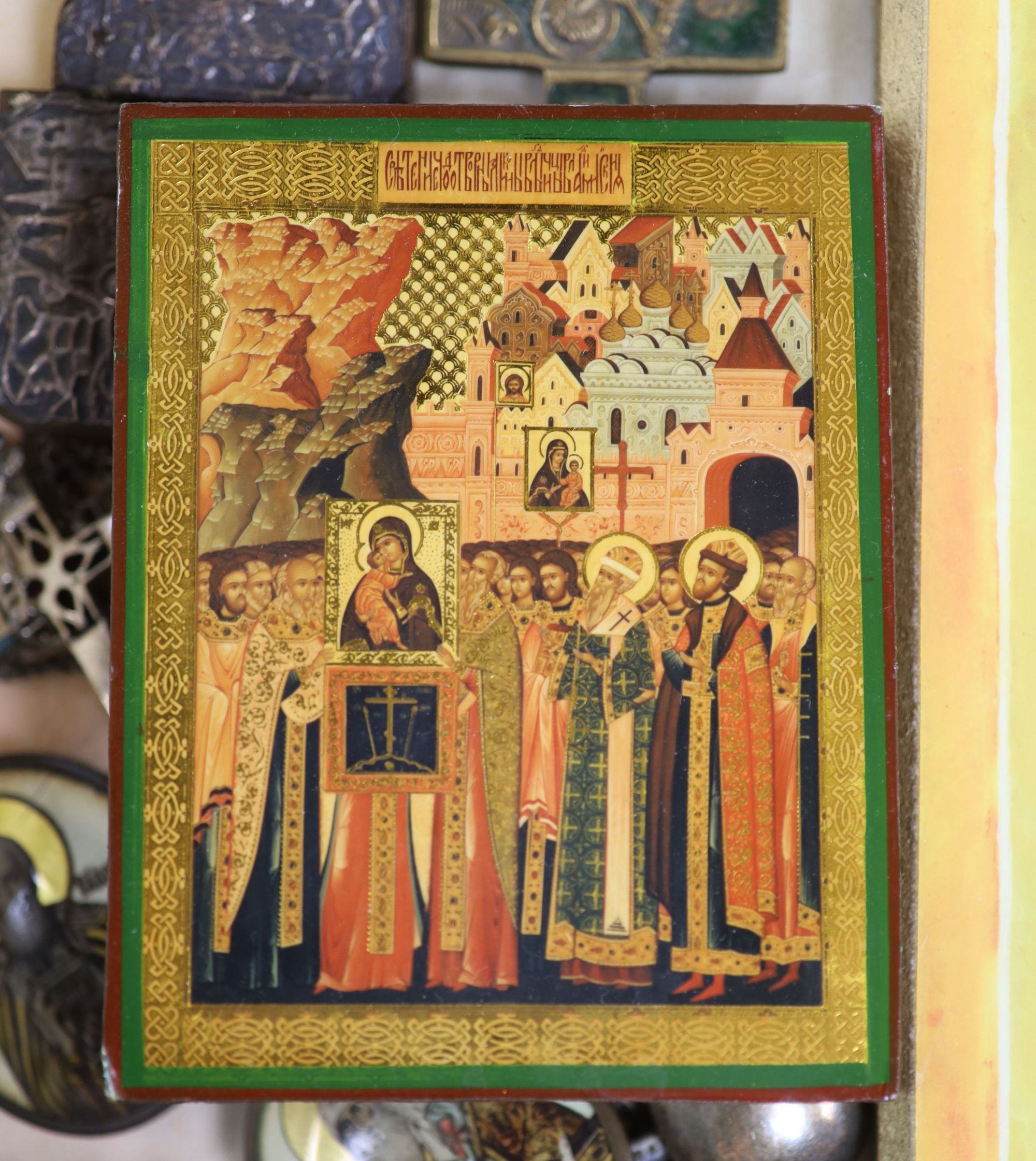 A quantity of religious artefacts including icons, crucifixes, etc.